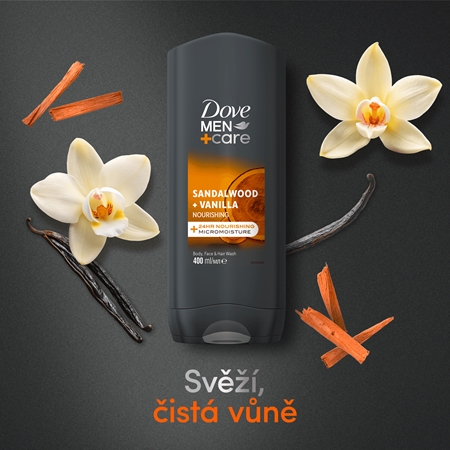 Dove Men+Care Sandalwood&Vanilla sprchový gel na obličej, tělo a vlasy