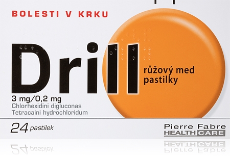 Drill Drill 3mg/0.2mg růžový med pastilky léčba lehčích infekcích sliznice dutiny ústní a hltanu