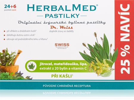 Dr.Weiss HerbalMed pastilky Jitrocel + mateřídouška + lípa + vitamin C pastilky pro podporu zdraví dýchacích cest