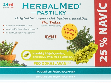 Dr.Weiss HerbalMed pastilky Islandský lišejník + tymián + med + vitamin C pastilky pro podporu zdraví dýchacích cest