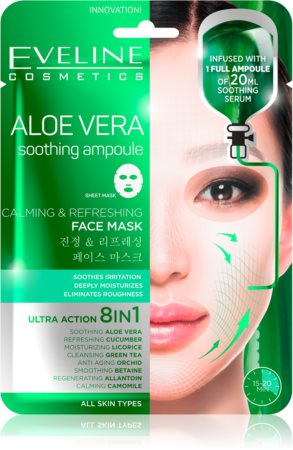 Eveline Cosmetics Sheet Mask Aloe Vera máscara hidratante e apaziguadora  com aloe vera