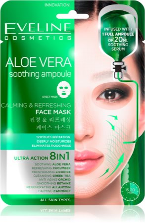 Eveline Cosmetics Sheet Mask Aloe Vera rauhoittava ja kosteuttava naamio sisältää aloe veraa