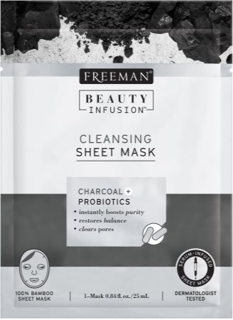 Freeman Beauty Infusion Charcoal + Probiotics máscara de limpeza em pano com carvão ativo para todos os tipos de pele