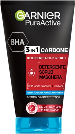 Garnier Pure Active maschera nera per il viso contro punti neri e acne al carbone attivo 3 in 1