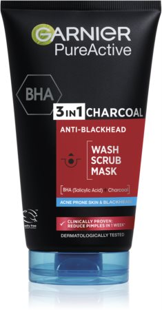 Garnier Pure Active mască facială neagră, contra punctelor negre și a acneei, cu cărbune activ 3 în 1