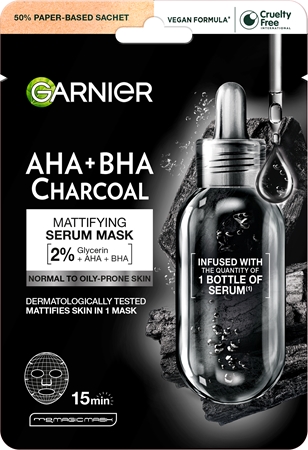 Garnier Textil Masks AHA+BHA Charcoal maska nawilżająca w płacie z aktywnym węglem