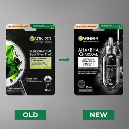 Garnier Textil Masks AHA+BHA Charcoal Moisturising face sheet mask with activated charcoal