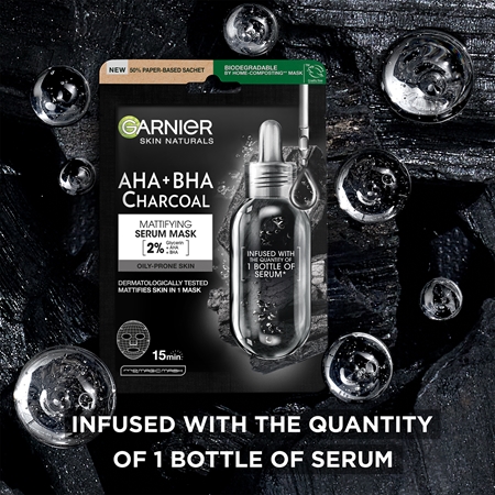 Garnier Textil Masks AHA+BHA Charcoal Moisturising face sheet mask with activated charcoal