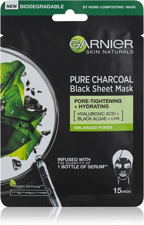 Garnier Skin Naturals Pure Charcoal máscara em tecido preto com extrato de algas