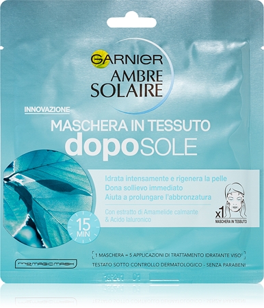 Garnier Ambre Solaire Zellschichtmaske mit feuchtigkeitsspendender und beruhigender Wirkung nach dem Sonnen