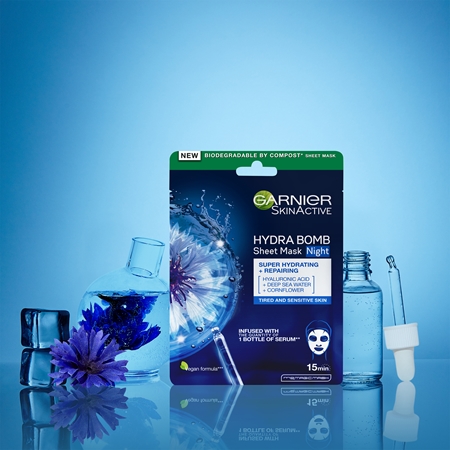 Garnier Textil Masks Hydra Bomb mascarilla hidratante en forma de hoja para la noche