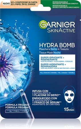 Garnier Textil Masks Hydra Bomb mascarilla hidratante en forma de hoja para la noche