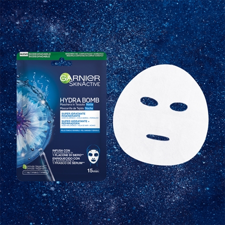 Garnier Textil Masks Hydra Bomb mascarilla hidratante en forma de hoja para la noche