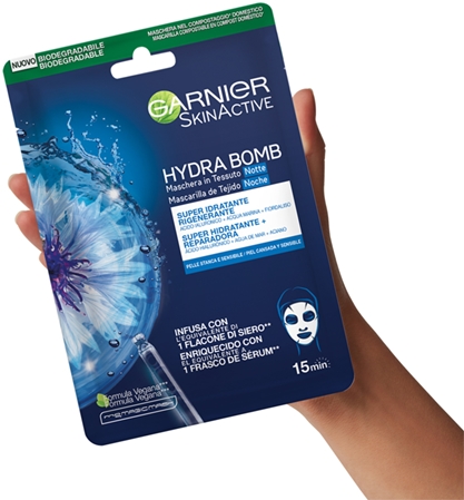 Garnier Textil Masks Hydra Bomb mascarilla hidratante en forma de hoja para la noche