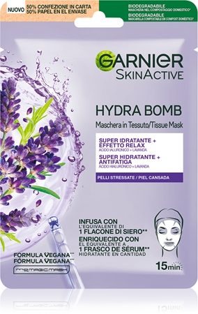 Garnier Textil Masks Hydra Bomb Máscara em folha com efeito hidratante com ácido hialurónico