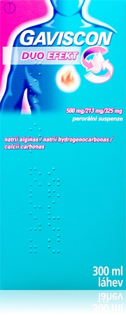 Gaviscon Gaviscon Duo Efekt 500 mg/213 mg/325 mg perorální suspenze při příznacích refluxu a pálení žáhy