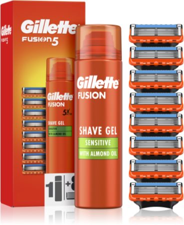 Gillette Fusion5 Sensitive gel de barbear + refil de lâminas 8 pçs