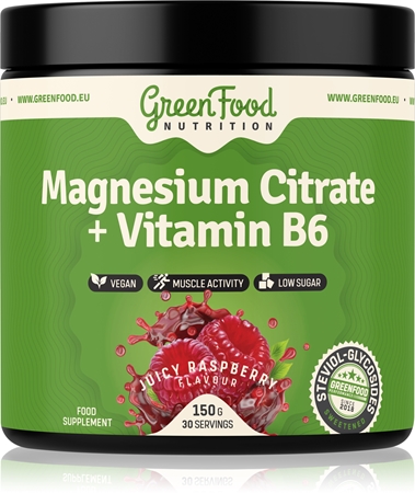 GreenFood Nutrition Magnesium Citrate + Vitamin B6 prášok na podporu normálnej činnosti nervovej sústavy, svalov, zubov a zníženie únavy