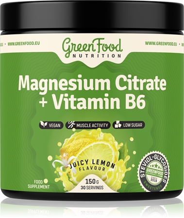 GreenFood Nutrition Magnesium Citrate + Vitamin B6 prášek pro podporu normální činnosti nervové soustavy, svalů, zubů a snížení míry únavy
