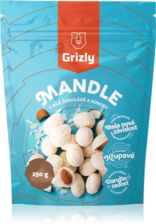 Grizly Mandle v bílé čokoládě s kokosem ořechy ochucené v čokoládě