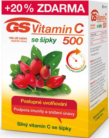 GS Vitamin C 500 mg se šípky tablety pro podporu imunitního systému, krásnou pleť a nehty