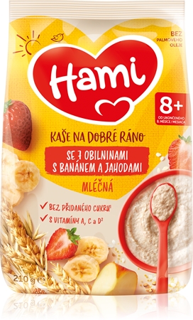 Hami Kaše na Dobré Ráno se 7 Obilninami s Banánem a Jahodami mléčná kaše