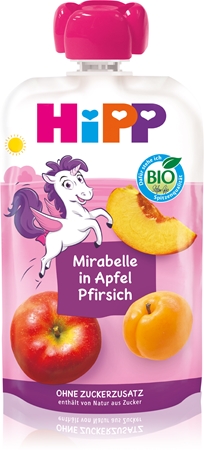 Hipp HiPPis BIO 100% ovocie jablko - broskyňa - mirabelka ovocný príkrm