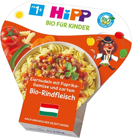 Hipp BIO vaječné nudle se zeleninou a paprikou a jemným BIO hovězím masem dětský příkrm