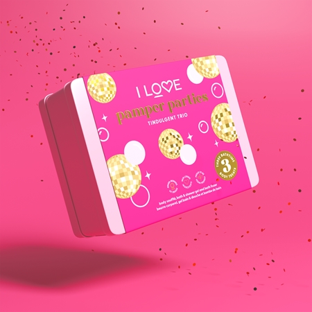 I Love Pamper Parties Tindulgent Trio lahjasetti laatikossa
