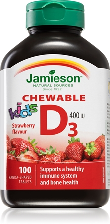 Jamieson Vitamín D3 Kids jahoda žvýkací měkké tobolky pro normální funkci imunitního systému, stavu kostí a činnosti svalů