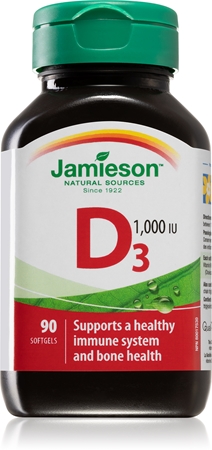 Jamieson Vitamín D3 1000 IU mäkké tobolky pre normálnu funkciu imunitného systému, stavu kostí a činnosť svalov