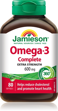Jamieson Omega-3 Complete Extra Strenght 600 mg capsules molles pour maintenir un niveau normal de cholestérol