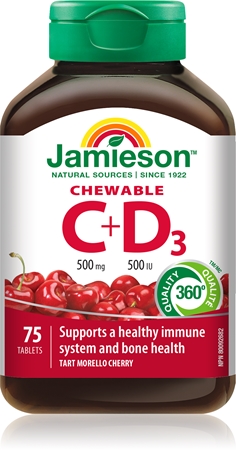 Jamieson C + D3 Chewables comprimés à sucer pour renforcer le système immunitaire, retrouver une belle peau, de beaux ongles et des dents en bonne santé