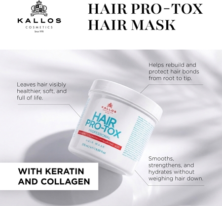 Kallos Hair Pro-Tox Mask for Fine and Damaged Hair with coconut oil, hyaluronic acid and collagen