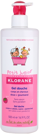 Klorane Junior gel de banho para corpo e cabelo com aromas de framboesas