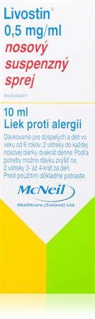 Livostin Livostin 0,5 mg/ml nosný sprej, suspenzia na liečbu alergických príznakov sennej nádchy a reakcie na alergény vo vzduchu