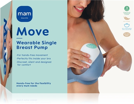 MAM Move electric hands-free breast pump into a bra