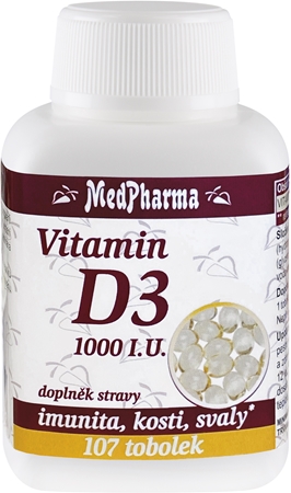 MedPharma Vitamín D3 1000 I.U. tobolky pro normální funkci imunitního systému, stav kostí, zubů a činnost svalů
