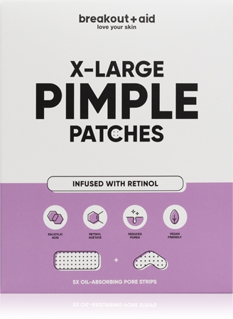 breakout + aid Pimple Patches X-Large vietinio poveikio priemonė nuo aknės su retinoliu