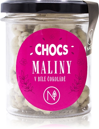 NATU CHOCS maliny v 33% bílé čokoládě mrazem sušené ovoce v čokoládě