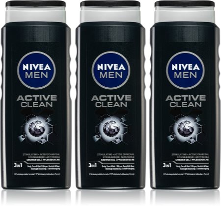 Nivea Men Active Clean gel de douche pour homme 3 x 500 ml (conditionnement avantageux)