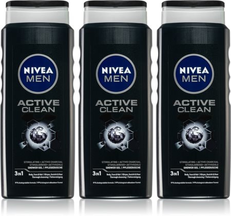 Nivea Men Active Clean gel de ducha para hombre 3 x 500 ml (formato ahorro)