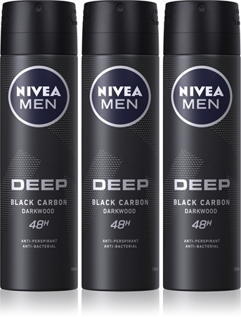 NIVEA MEN Deep Black Carbon Darkwood antiperspirant ve spreji výhodné balení pro muže 3 x 150 ml
