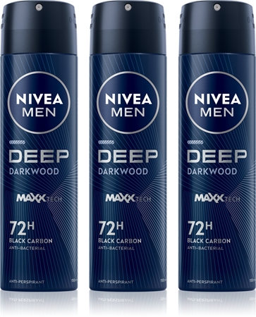 NIVEA MEN Deep Black Carbon Darkwood Pihustatav antiprespirant säästupakk meestele 3 x 150 ml