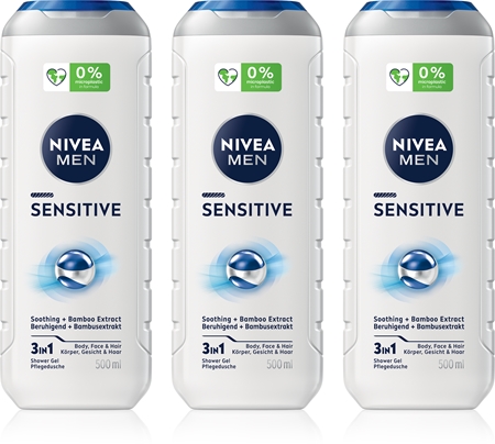 NIVEA MEN Sensitive Gel de duș pentru bărbați ambalaj economic 3 x 500 ml