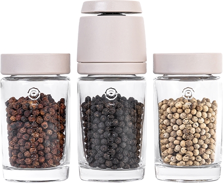 .pepper..field Mlýnek na pepř CrushGrind se 2 skleněnými zásobníky a 3x50g pepře mlýnek na pepř