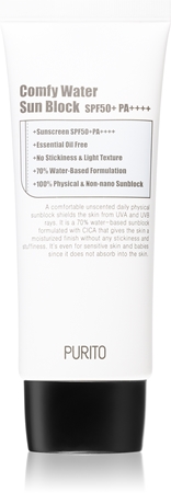 Purito Comfy Water Sun Block 100% μεταλλική προστατευτική κρέμα για πρόσωπο και σώμα SPF 50+
