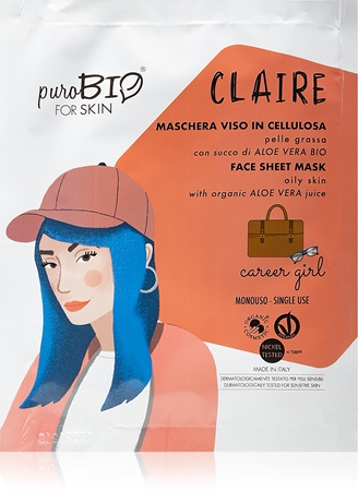 puroBIO Cosmetics Claire Career Girl plátýnková maska s vysoce hydratačním a vyživujícím účinkem s aloe vera