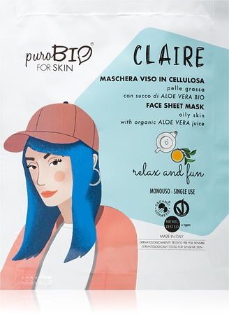 puroBIO Cosmetics Claire Relax and Fun máscara em folha com efeito hidratante e calmante com aloé vera