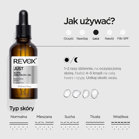Revox B77 JUST Alpha Arbutin 2% + HA serum rozświetlające do twarzy i szyi
